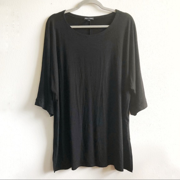 Eileen Fisher Tunic Black Rounded Neckline Half Sleeve Top Sz L GUC - Picture 1 of 12